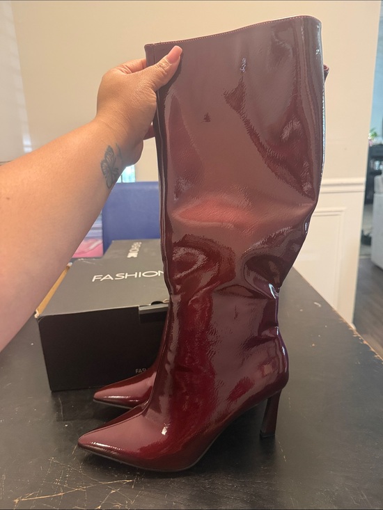 Shoes - Patent Pointed-Toe Knee-High Boots in Burgundy
